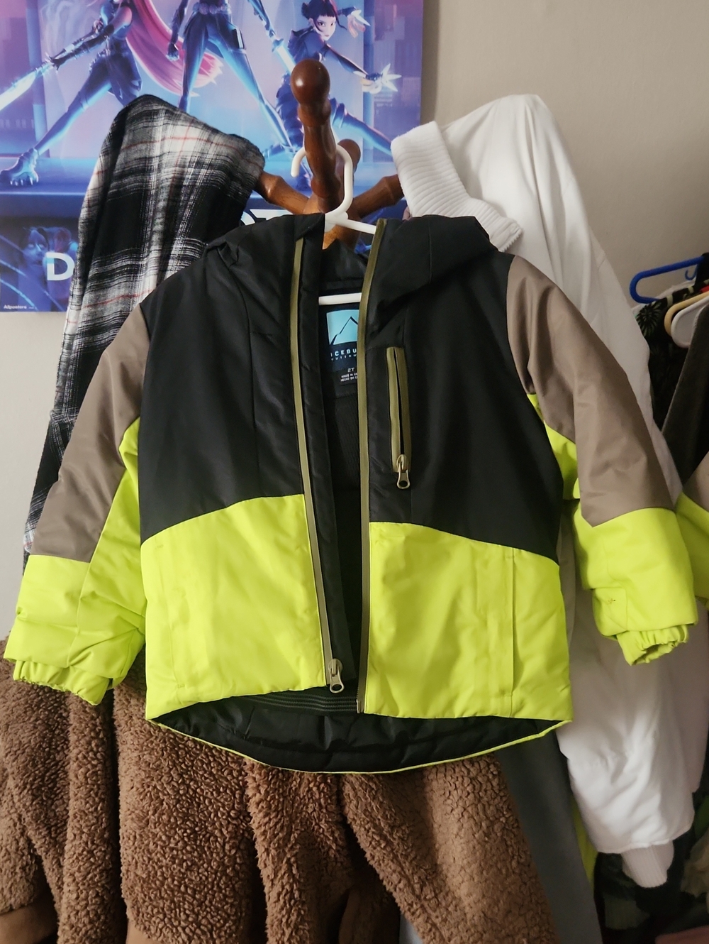 Kids Colorblock Hooded Winter Jacket - Neon Yellow/Black/Tan